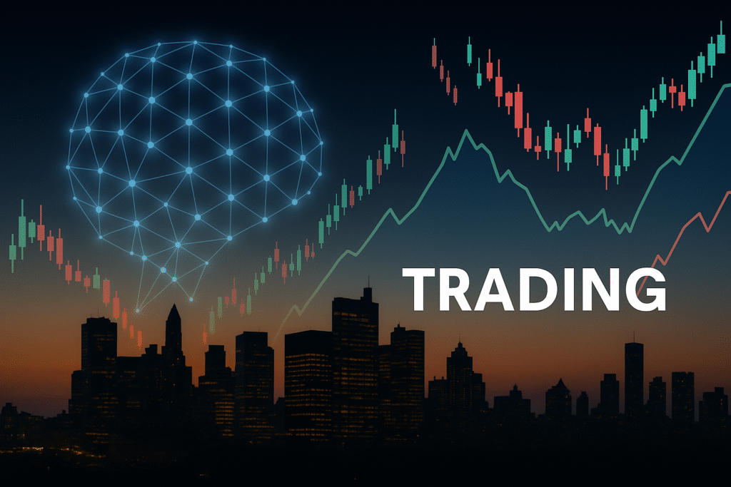 Trading no mercado financeiro com gráficos em ascensão sobre uma cidade ao pôr do sol