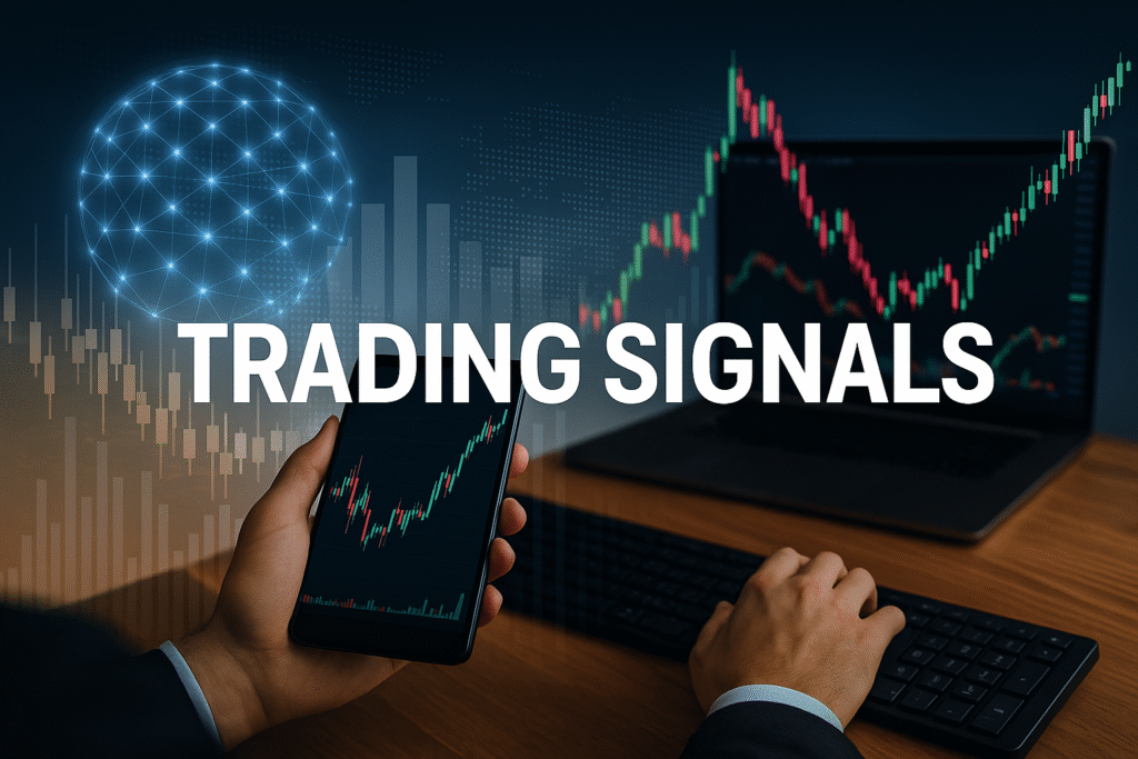 Illustration showing a smartphone with trading charts and the words “Trading Signals”, representing real-time financial data analysis.
