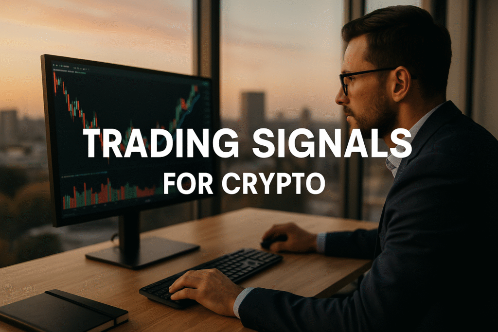 Digital image of a trader analysing cryptocurrency price movements with trading charts displayed on multiple screens.
