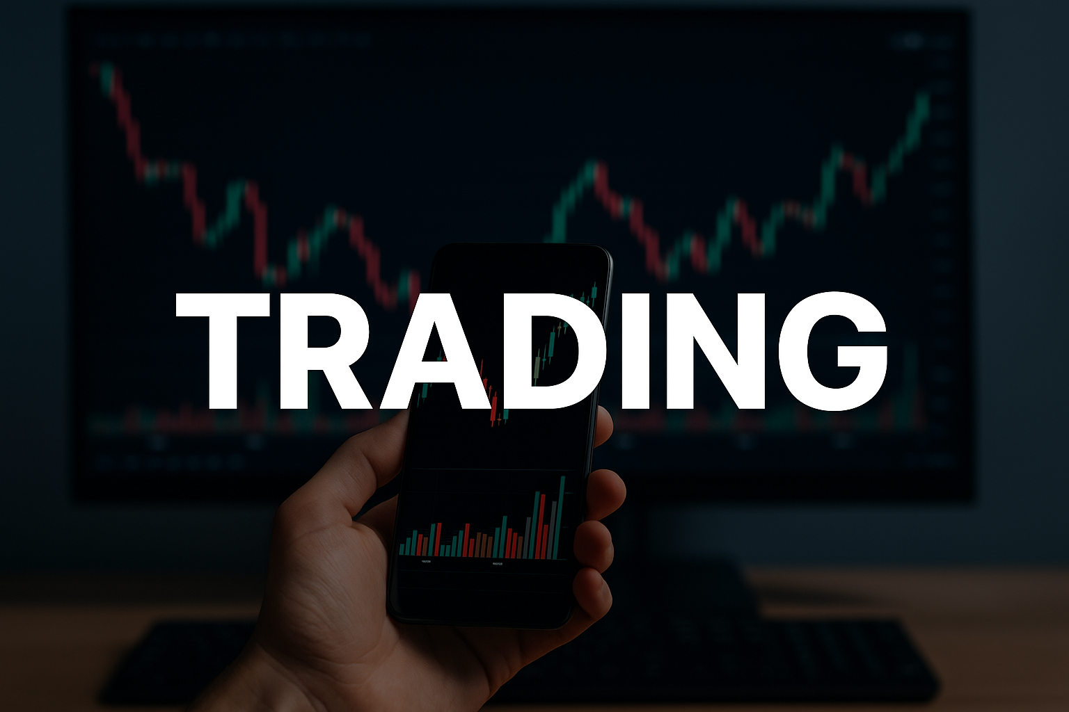Mão segura um telemóvel à frente de ecrãs com gráficos de trading e velas japonesas, simbolizando a análise de mercado e decisões de investimento.