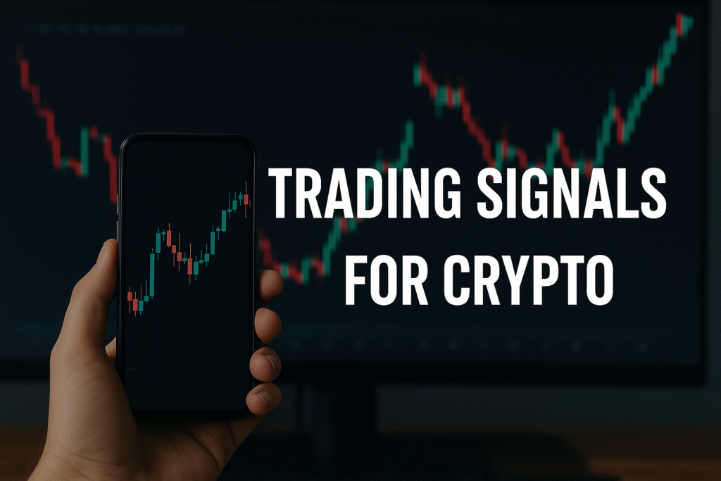 Conceptual image with the title “What Are Trading Signals?” over a city skyline and financial data lines symbolising global markets.