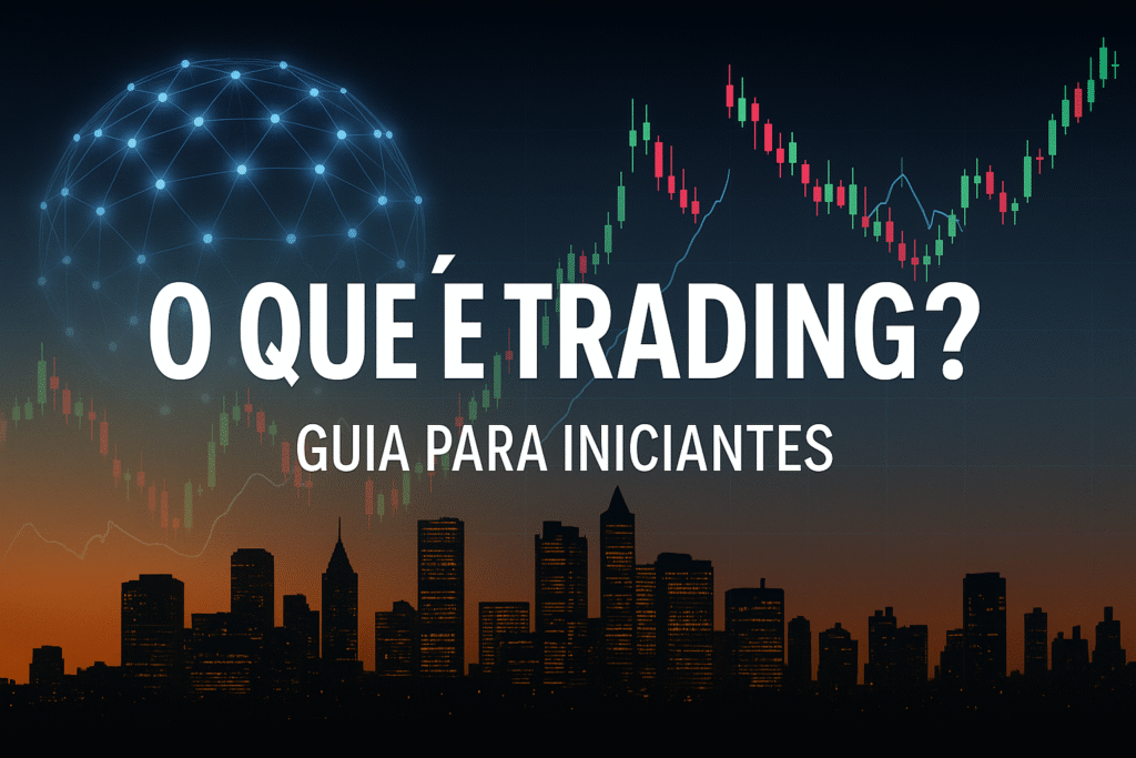 Imagem com a frase O que é trading? Guia para iniciantes, sobre o fundo de uma cidade moderna com gráficos financeiros e rede digital iluminada.