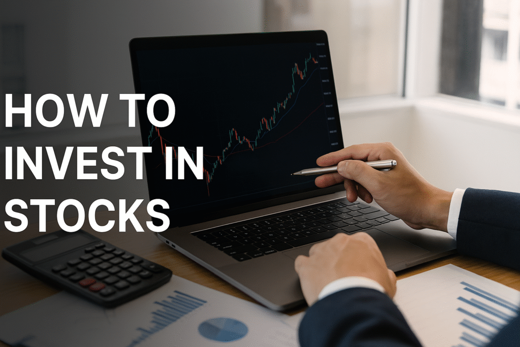 Investor analyzing stock charts on a laptop representing how to invest in stocks with Quantoma AI.