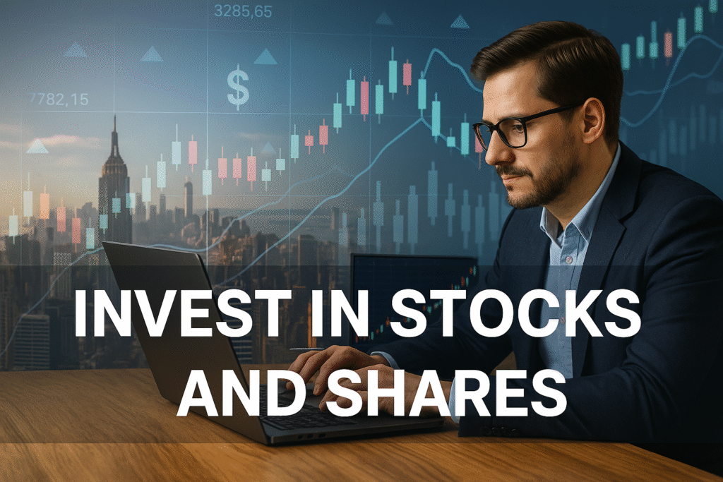 Investor analyzing data charts representing how to invest in stocks and shares using Quantoma AI insights.