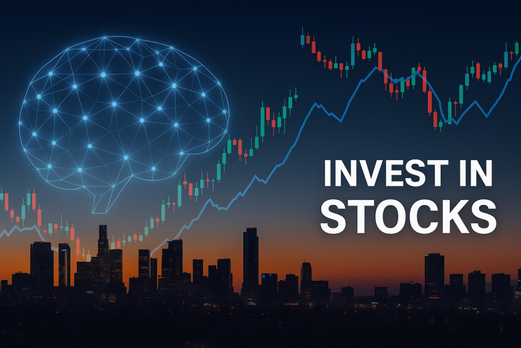 Digital network and stock charts above a city skyline representing how to invest in stocks using artificial intelligence by Quantoma AI.