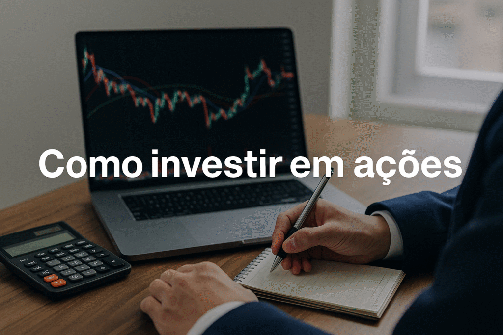 Investidor analisa gráfico de acções no computador, representando como investir em acções com apoio da inteligência artificial da Quantoma AI.