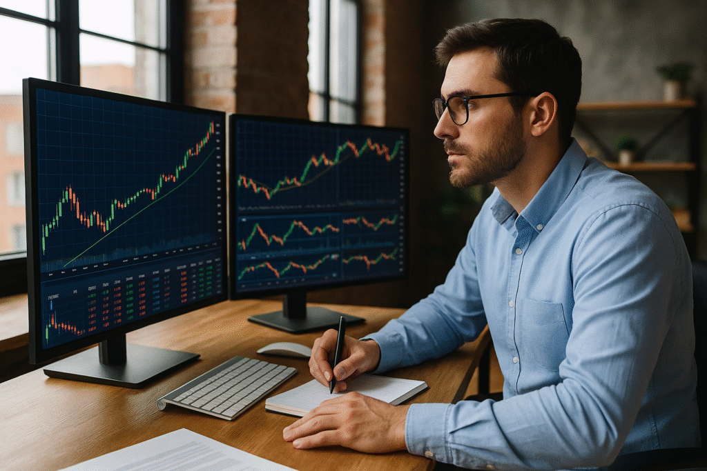 Investidor analisa gráficos de acções em múltiplos ecrãs, representando o uso de inteligência artificial para investir em acções com a Quantoma AI.
