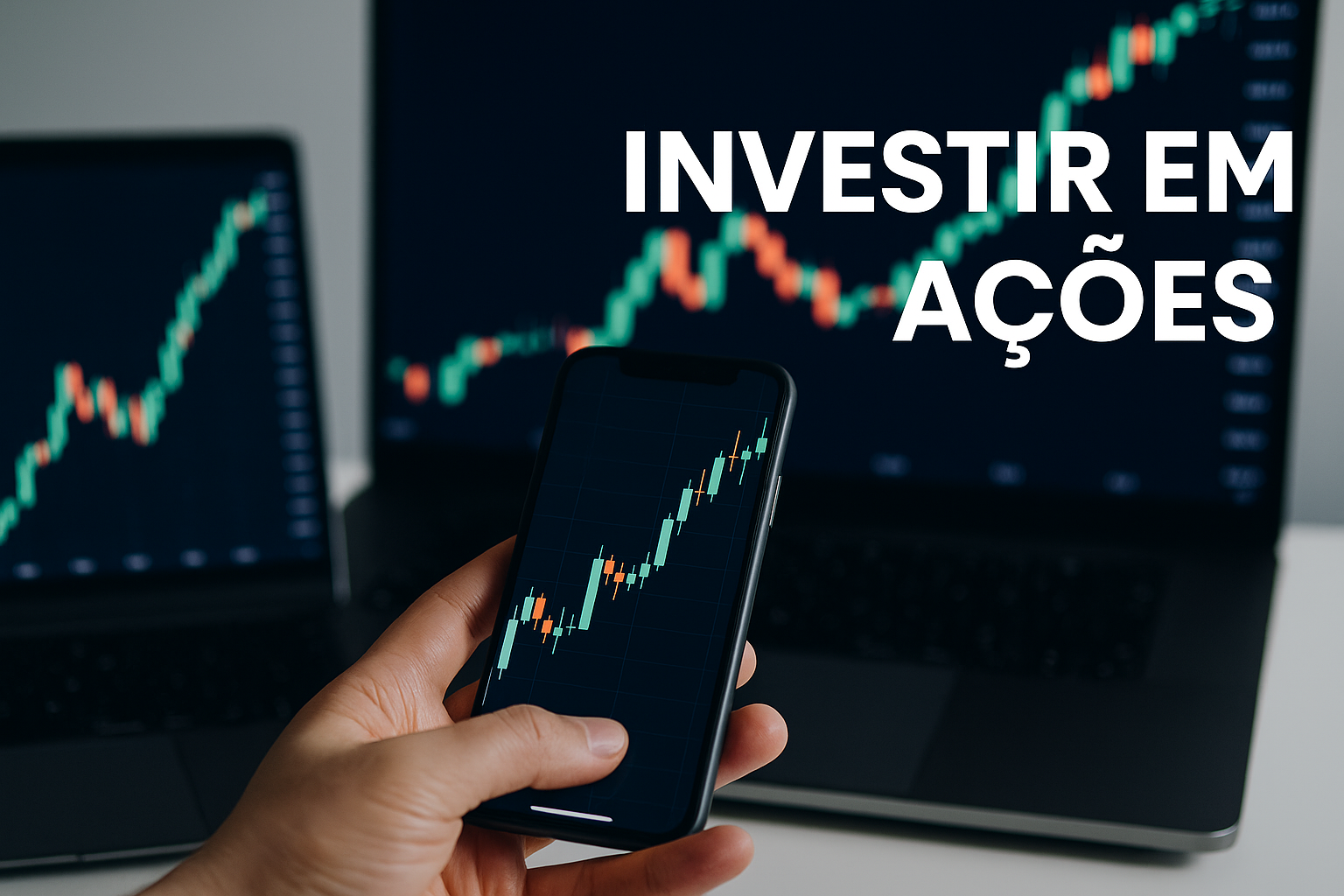 Mão segura um telemóvel com gráficos de acções, representando o investimento em acções em tempo real com sinais de inteligência artificial da Quantoma AI.
