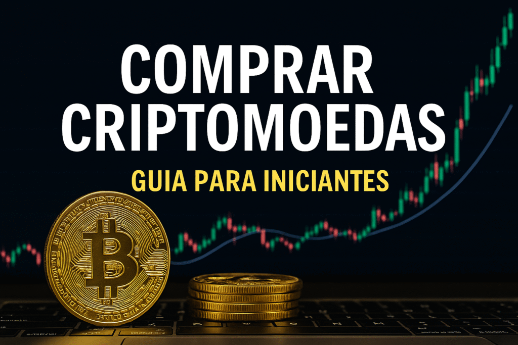 Moeda de Bitcoin sobre uma mesa com o texto “Comprar Criptomoedas – Guia para Iniciantes” e um gráfico de valorização ao fundo.