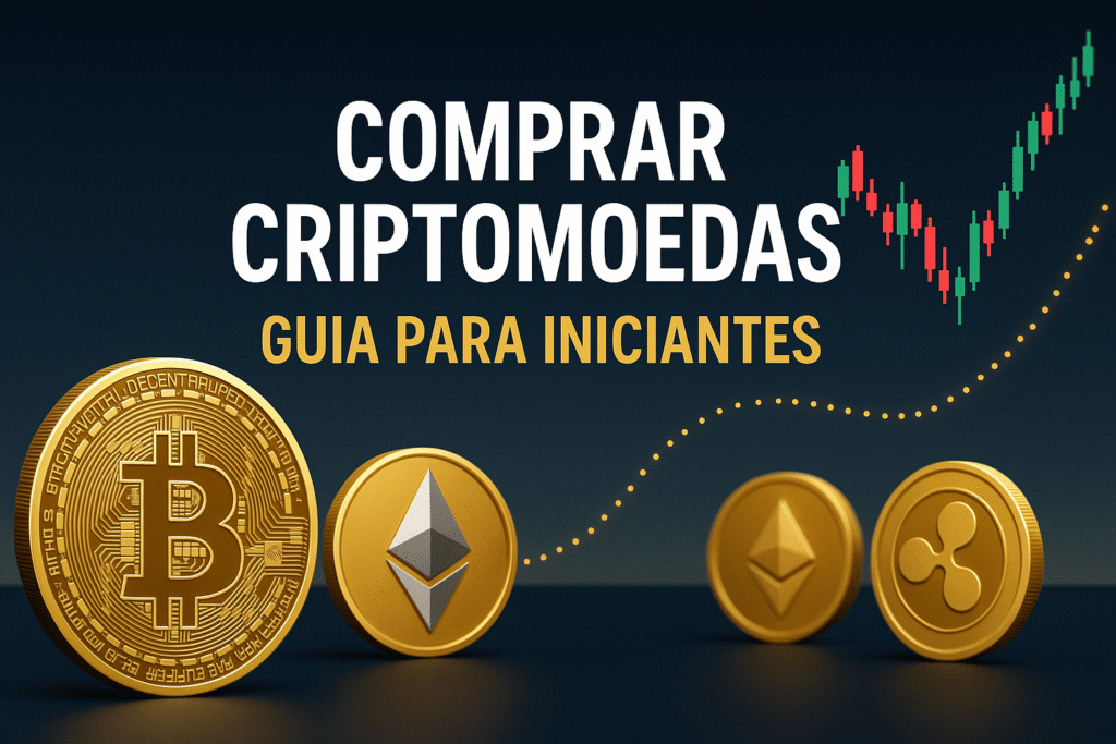 Três moedas digitais — Bitcoin, Ethereum e Ripple — com o texto “Comprar Criptomoedas – Guia para Iniciantes” e um gráfico ascendente ao fundo.