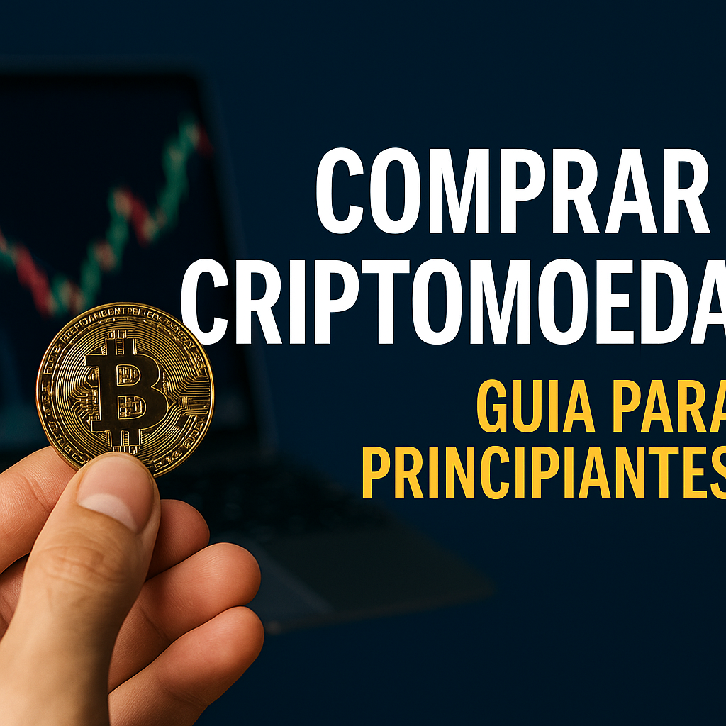Mão a segurar uma moeda de Bitcoin diante de um ecrã com gráfico financeiro e o texto “Comprar Criptomoedas – Guia para Iniciantes”.