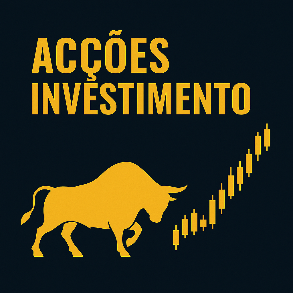 Ilustração minimalista de um touro dourado e gráfico ascendente, representando acções e investimento com inteligência artificial