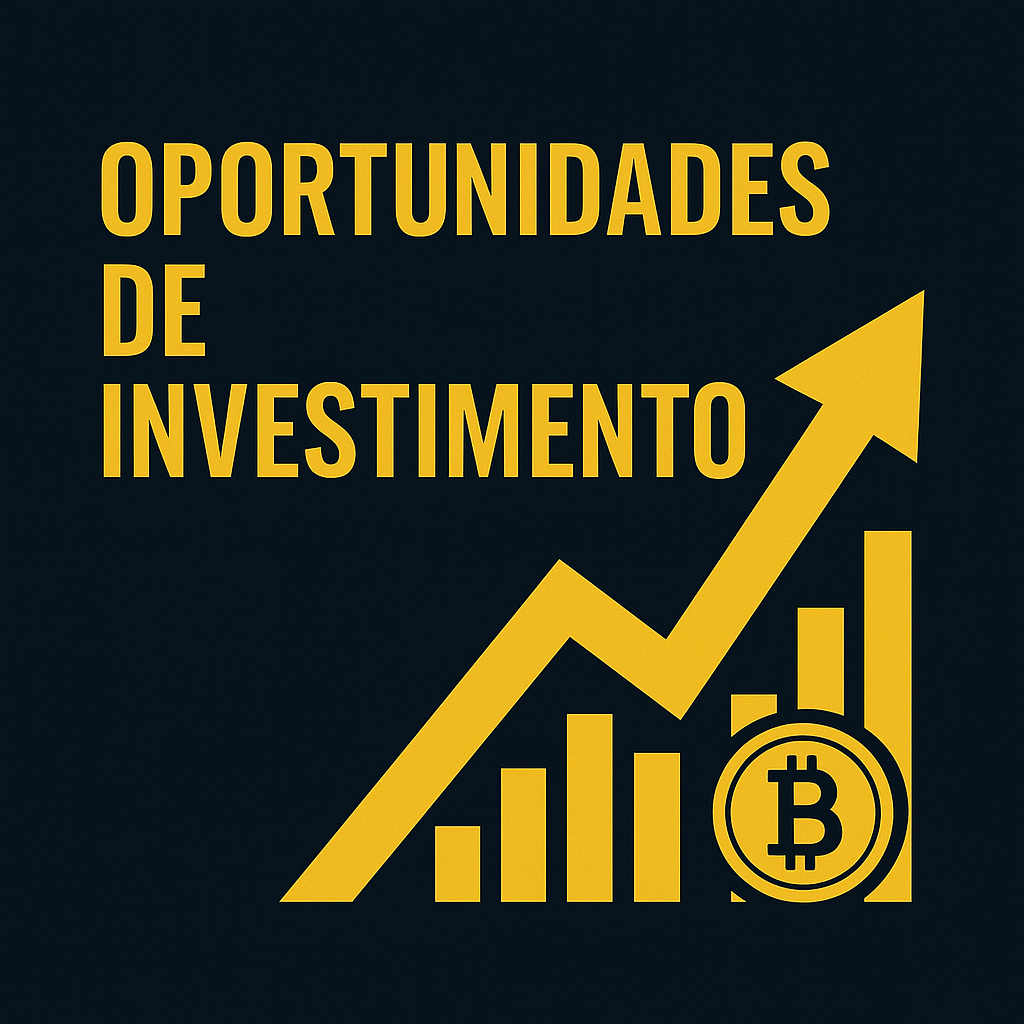 Oportunidades de investimento em acções representadas por seta ascendente e gráfico, com estilo minimalista em dourado e azul escuro