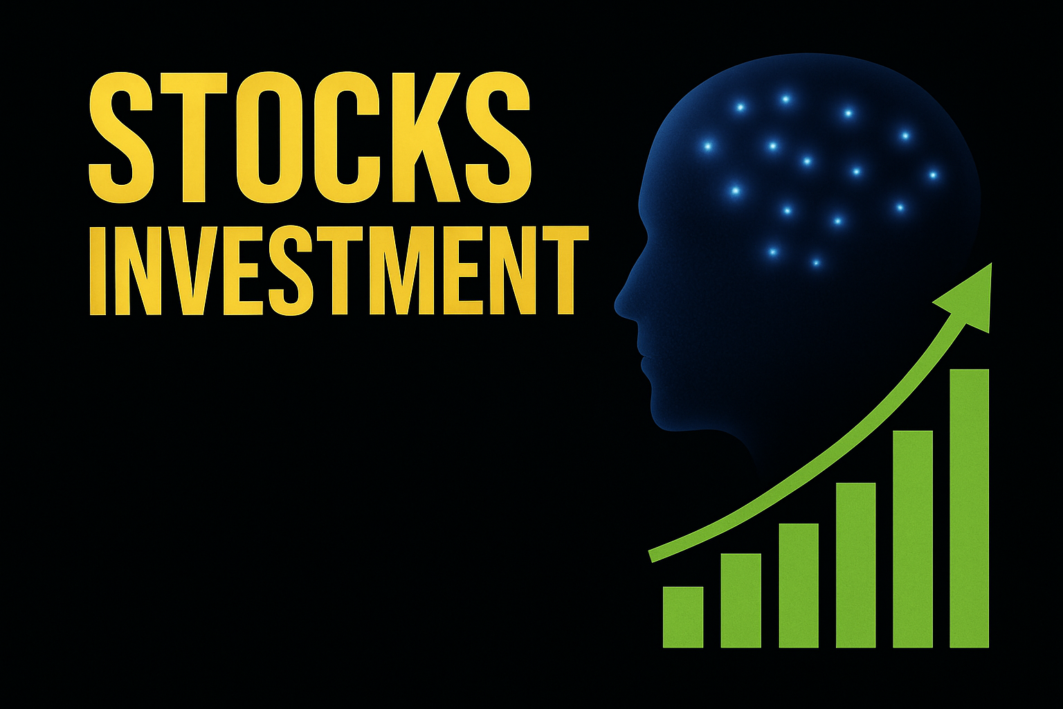 Illustration of stock investing with an upward green chart and a human profile symbolizing financial analysis.