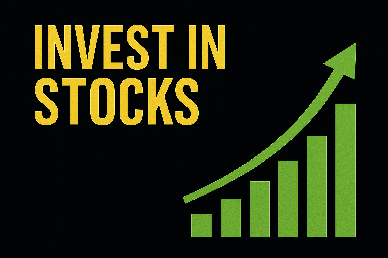Illustration encouraging stock investing with an upward green chart on a black background.