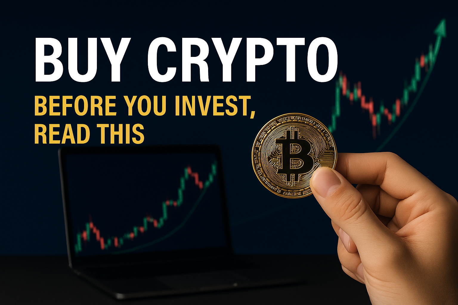 Hand holding a Bitcoin coin in front of a trading chart — concept of how to buy crypto safely and intelligently before investing