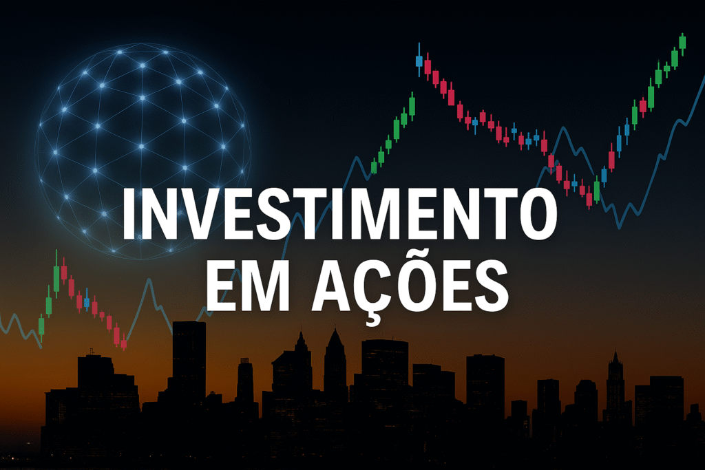 Mulher a estudar gráficos financeiros no computador com o texto “Investimento em acções”, simbolizando o processo de aprendizagem e análise para investir com segurança