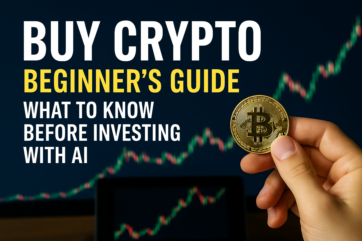 Hand holding a Bitcoin coin with text ‘Buy Crypto Beginner’s Guide – What to Know Before Investing with AI’, representing smart crypto investing.