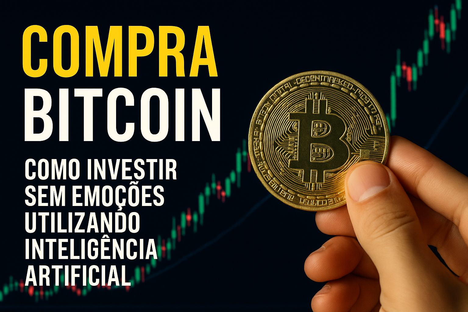 Compra Bitcoin sem emoções — mão a segurar uma moeda de Bitcoin com gráfico ascendente e referência a inteligência artificial.