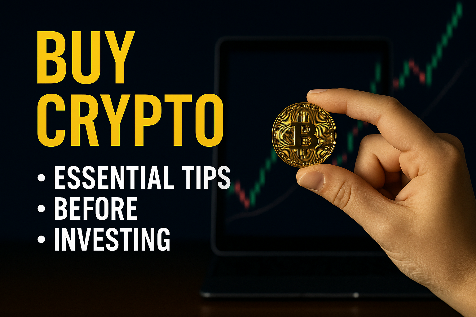 Hand holding a Bitcoin coin with the text ‘Buy Crypto – Essential Tips Before Investing’, symbolizing smart crypto investments supported by artificial intelligence.