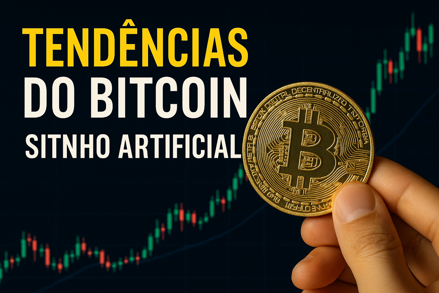 Tendências do Bitcoin — mão a segurar moeda de Bitcoin com gráfico ascendente e destaque na inteligência artificial.