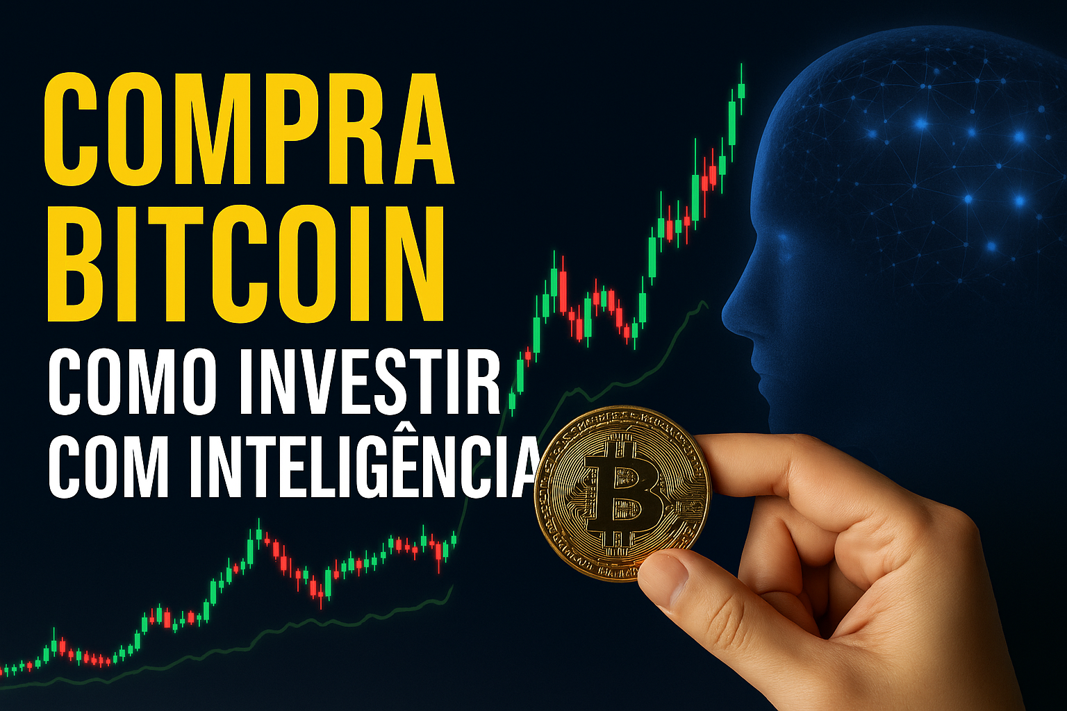 Compra Bitcoin — mão a segurar uma moeda de Bitcoin com gráfico ascendente e referência à inteligência artificial.