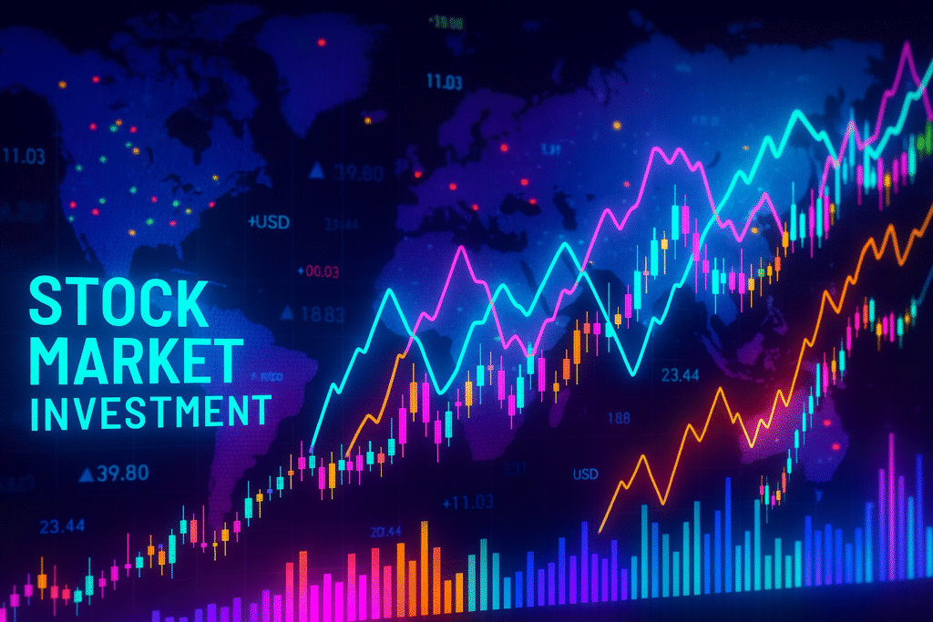 Colorful stock market investment chart with neon trend lines and global market data