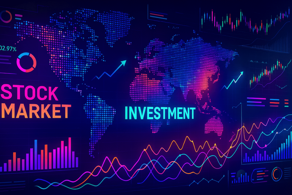 Digital illustration of global stock market investment with neon charts and world map data
