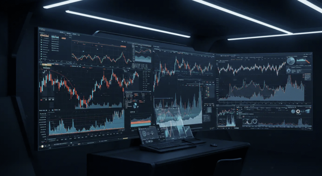 Sala de controlo com vários ecrãs a mostrar gráficos financeiros e dados de mercado.