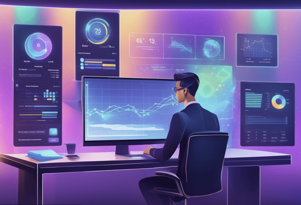 Analista diante de vários ecrãs com gráficos e dados financeiros gerados por inteligência artificial