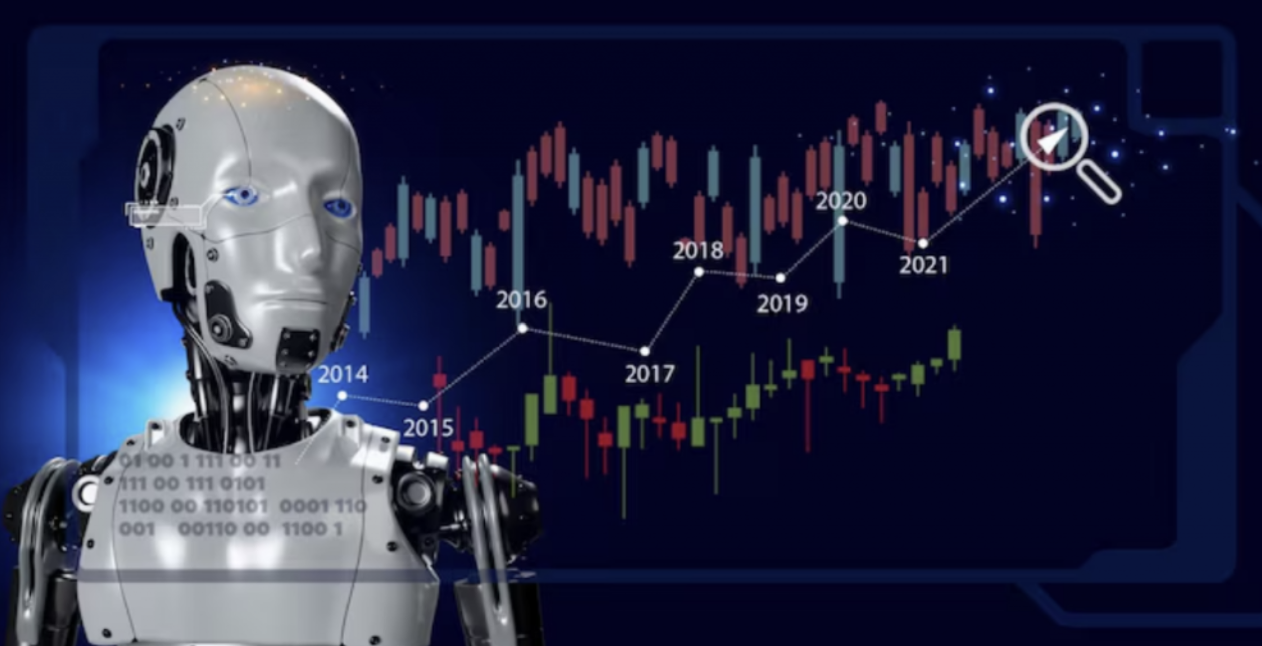 Representação de inteligência artificial a analisar gráficos do mercado de acções.